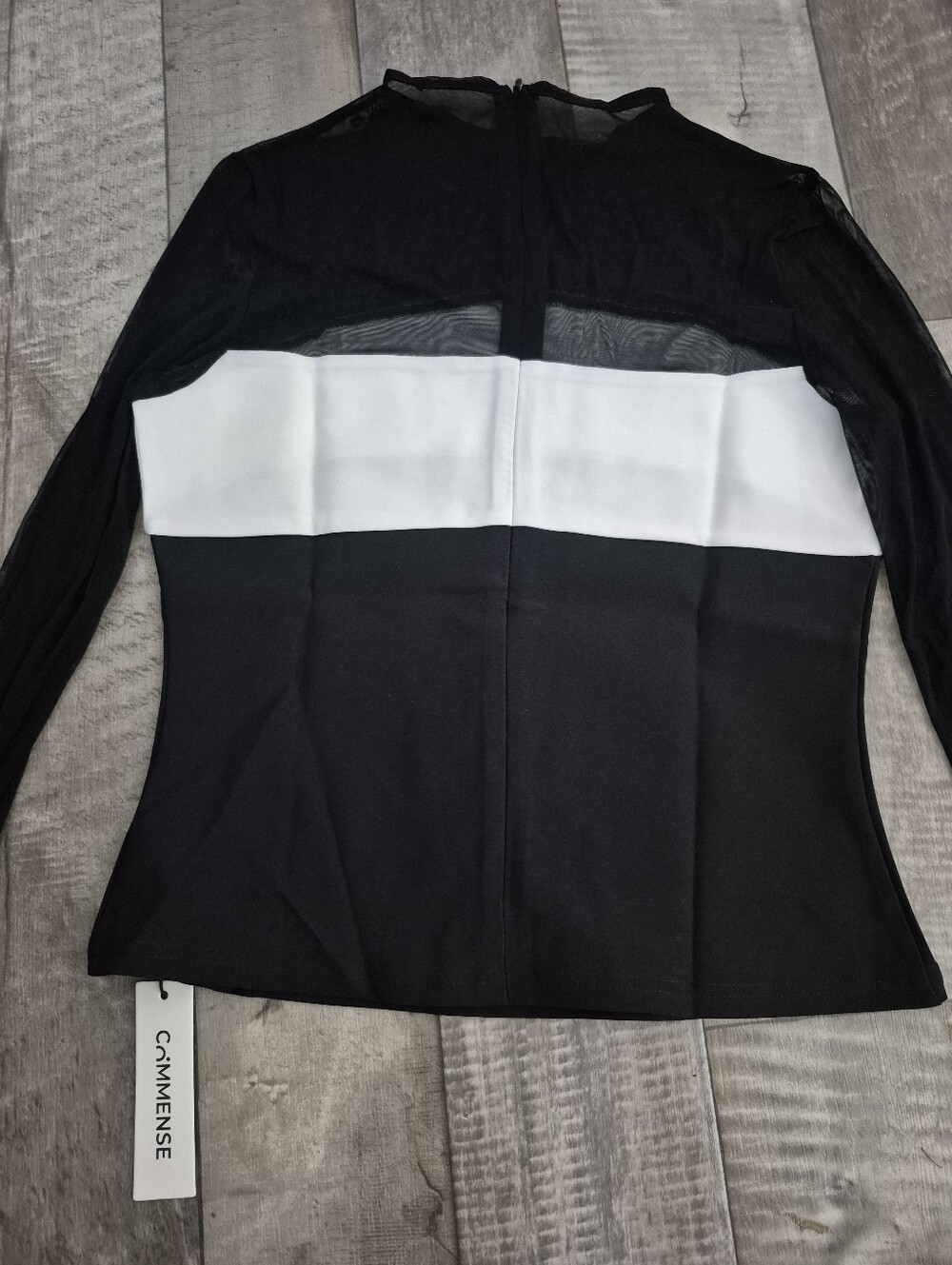 Commense Mesh Semi Sheer Top Colorblock Back Zipper Retro 80s Black White L NWT